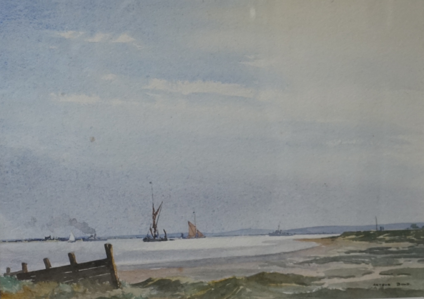 Arthur Bond (1888-1958), watercolour, Estuary scene, Wapping group artist's label verso, 25 x 35cm. Condition - fair, some minor spots of foxing